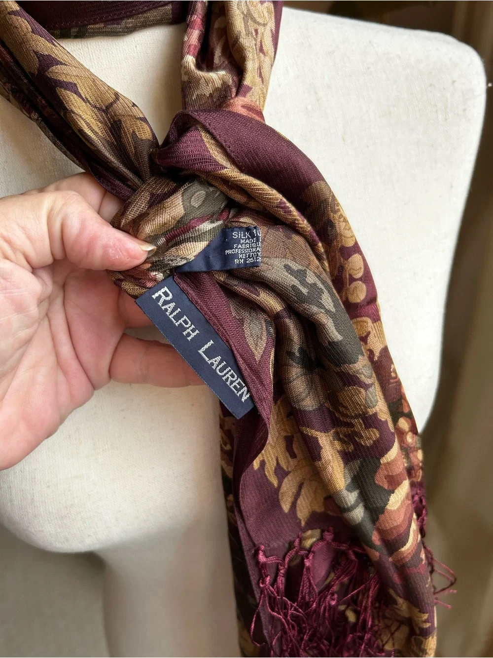 Vintage Ralph Lauren Burgundy Silk Jacquard Floral Silk Scarf with Silk Fringe
